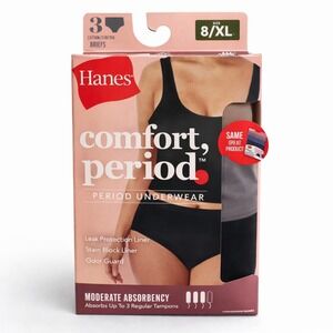 Hanes Comfort Period Underwear 3 Pack Briefs Size 8/XL Moderate Absorbency